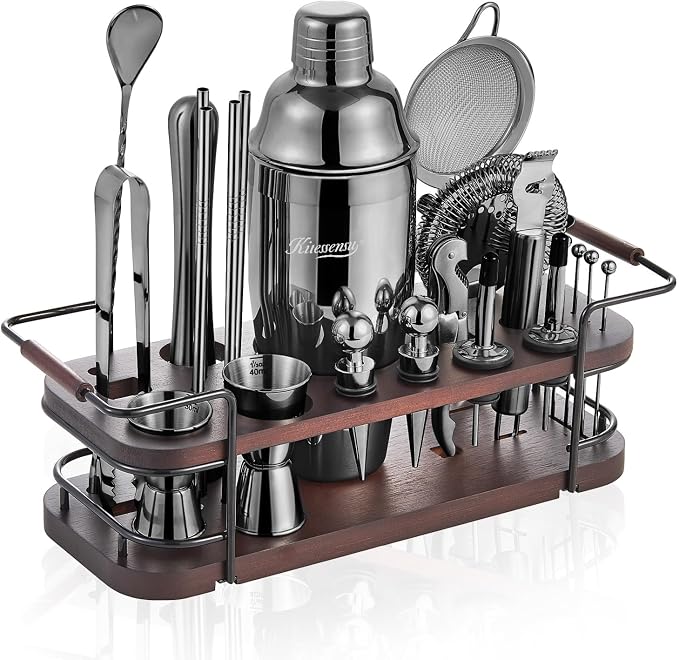 KITESSENSU Cocktail Shaker Set Bartender Kit with Stand | Complete 24-Piece Bar Set Cocktail Kit with All Bar Accessories: Martini Shaker, Jigger, Muddler | Drink Mixer Set for Home Bar Cocktails - B0FCLMD9TX