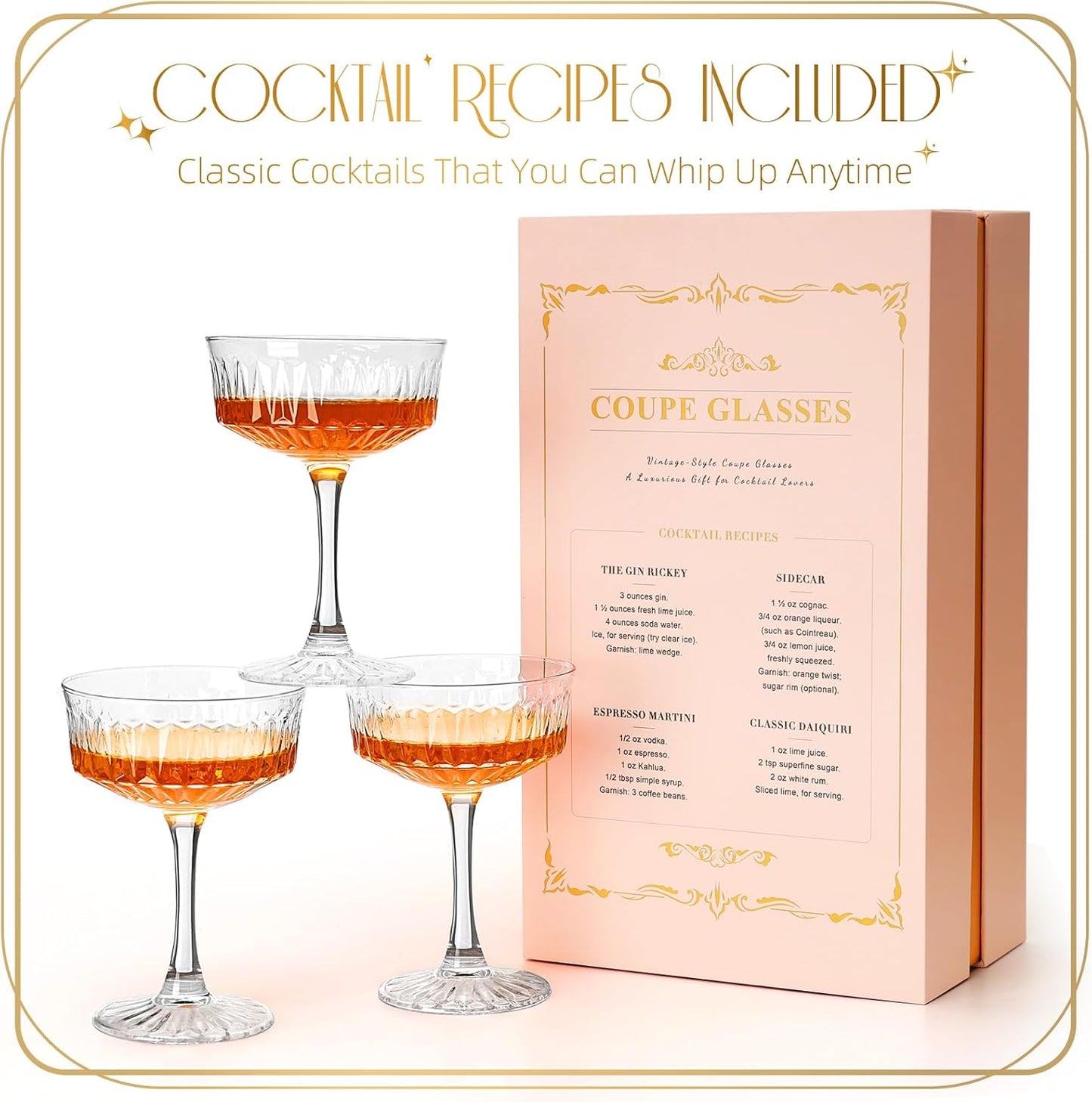 VIMERPA Coupe Glasses, Martini Glasses Set of 4, Vintage Champagne Coupe Glasses, 8oz Large Martini Glass, Crystal Retro Style Cocktail Glass for Elegant Bar Drinks, Vintage Art Deco Glassware