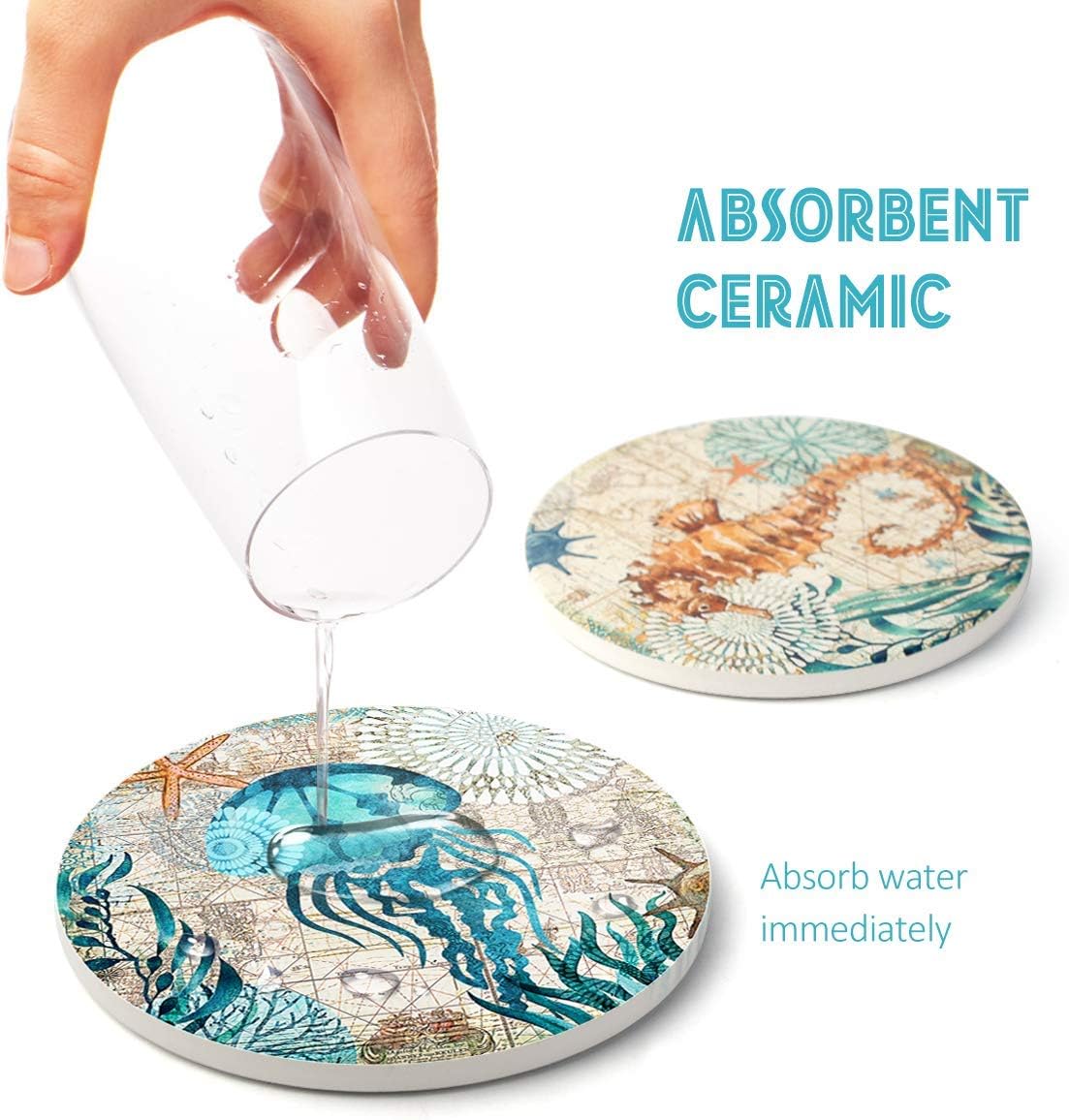 Teivio Absorbing Stone Sea Ocean Life Coasters for Drinks, Cork Base with Holder,Coastal Decor Beach Theme Tropical,for Housewarming Apartment Kitchen Bar Decor, For Wooden Table Coffee table,Set of 8