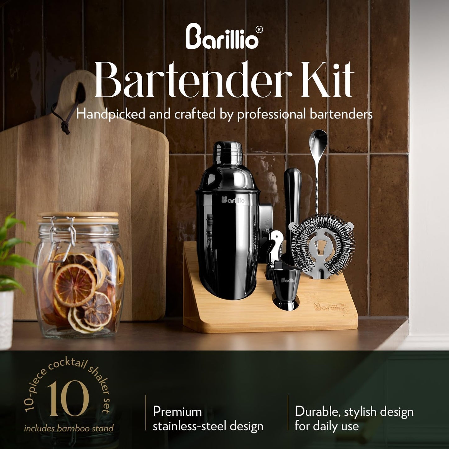 Barillio Black Bartender Kit - Stainless-Steel Cocktail Shaker Set w/Bamboo Stand - Mixology Bar Tools w/Shaker, Drink Mixer Spoon & Muddler for Cocktails - Home Bar Accessories - 10-Pc Bar Set