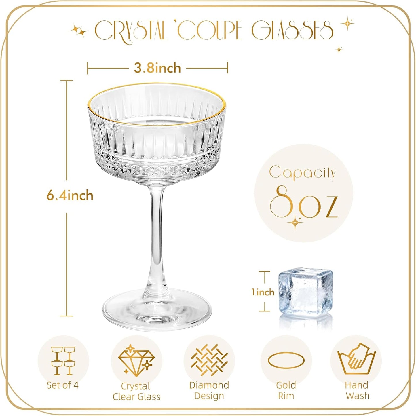 VIMERPA Coupe Glasses, Gold Rim Martini Coupe Glasses Set of 4, 8 oz Classic Cocktail Glassware - Champagne, Manhattan, Cosmopolitan Crystal Goble，Vintage Art Deco Luxury
