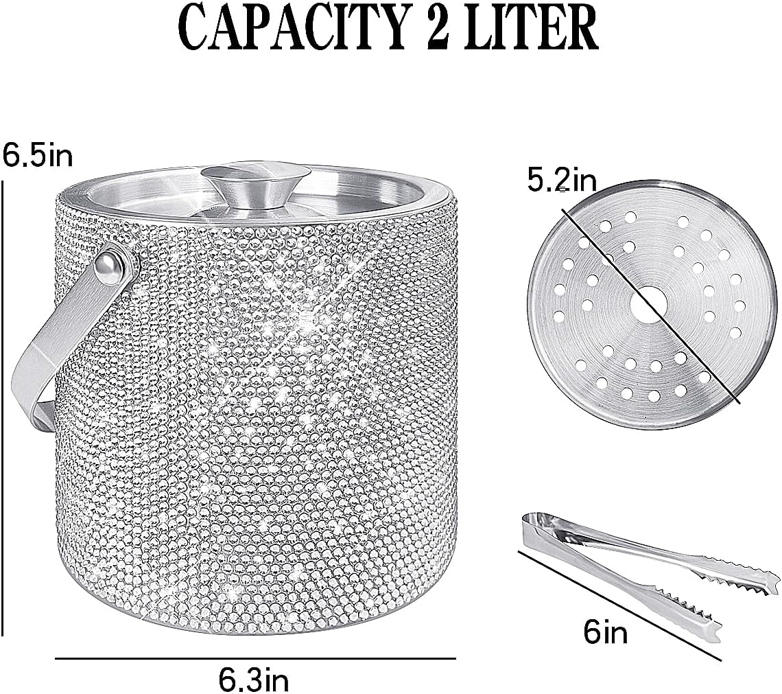 Bling Double Walled Stainless Steel Ice Bucket with Ice Tong & Lid [2 Liter] ，Shiny Insulated Ice Bucket Included Strainer Keeps Ice Cold & Dry, for Home Bar, Chilling Beer, Champagne, Red Wine