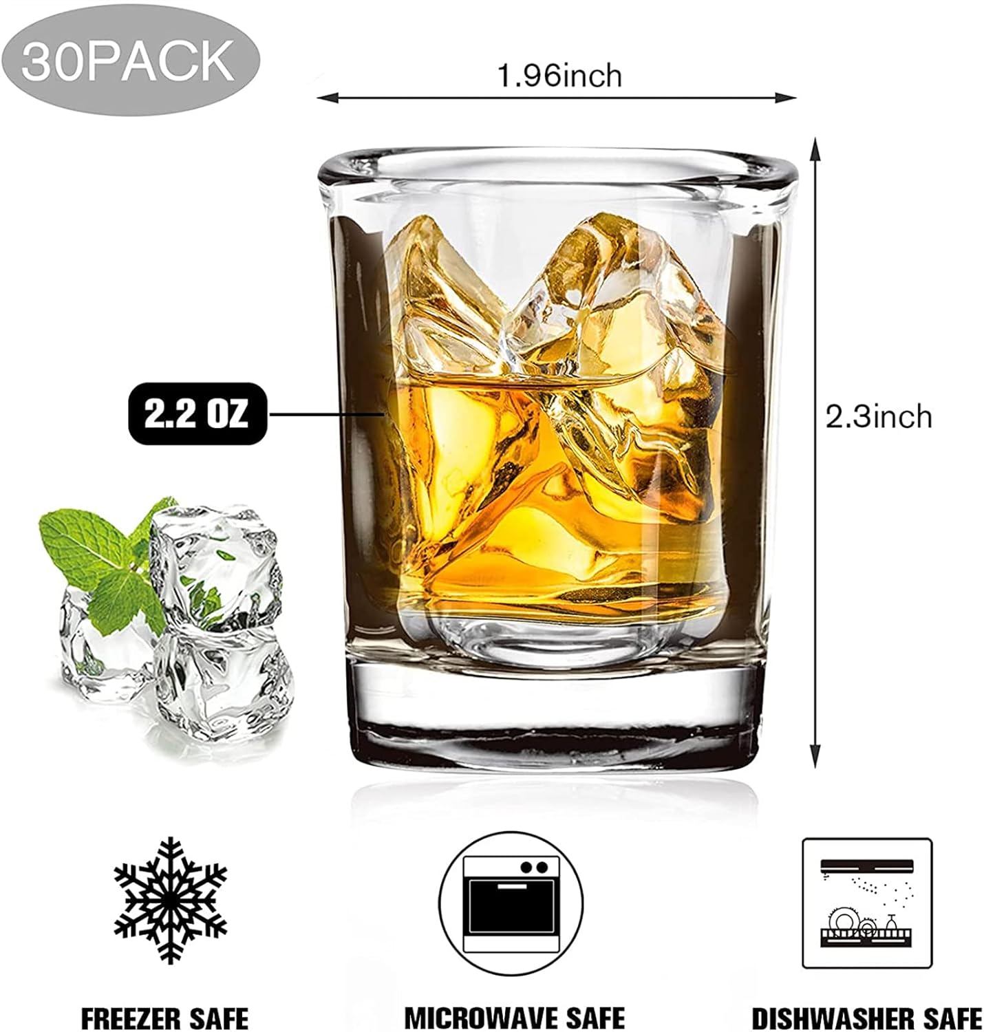 Vivimee 30 Pack Heavy Base Shot Glasses Bulk, 2.2 oz Square Shot Glass Set, Clear Espresso Shot Glass, Small Whiskey Shot Glasses for Vodka, Whiskey, Tequila, Espressos, Spirits & Liquors
