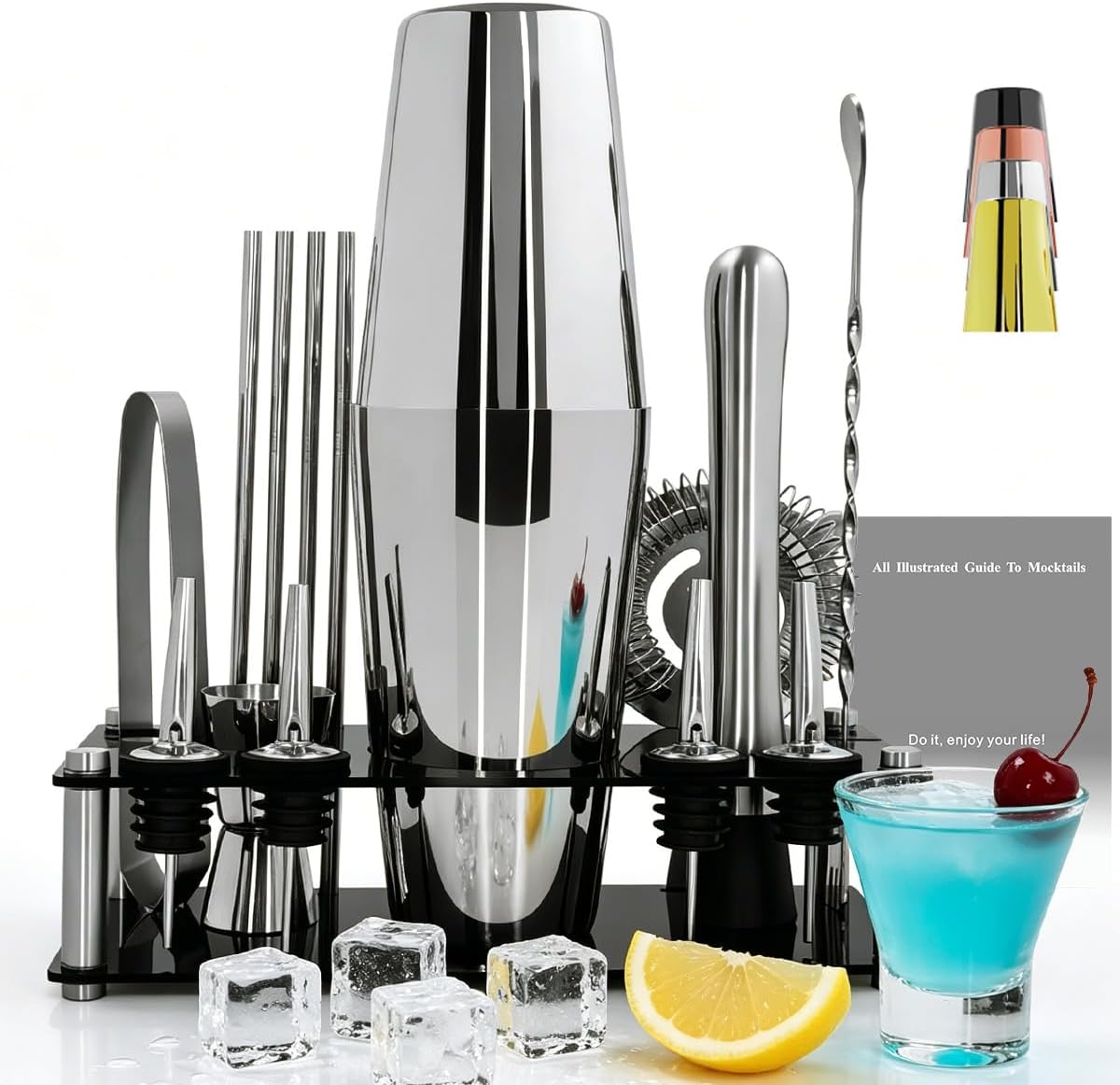 Professional Cocktail Shaker Set with Stand Cocktail Recipes, 15-Piece 750/600ml Bartender Kit, Bar Sets Bartending Kit Bar Tool Set 25/20oz Boston Shakers, Jigger, Muddler (Rose Gold) - Silver