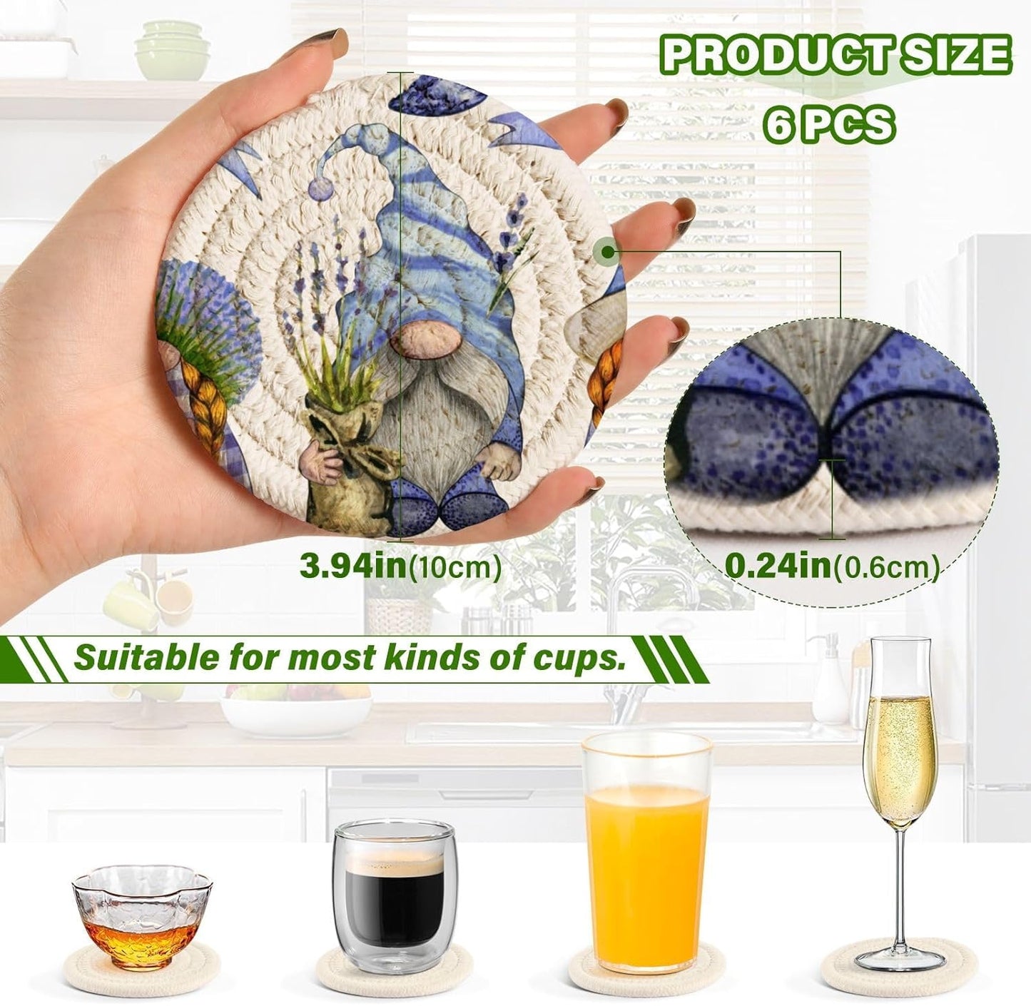 Lavender Gnome Drink Coasters With Holder - Set of 6 Absorbent Decorative Bar Coasters - Cotton Woven for Coffee Table Protection