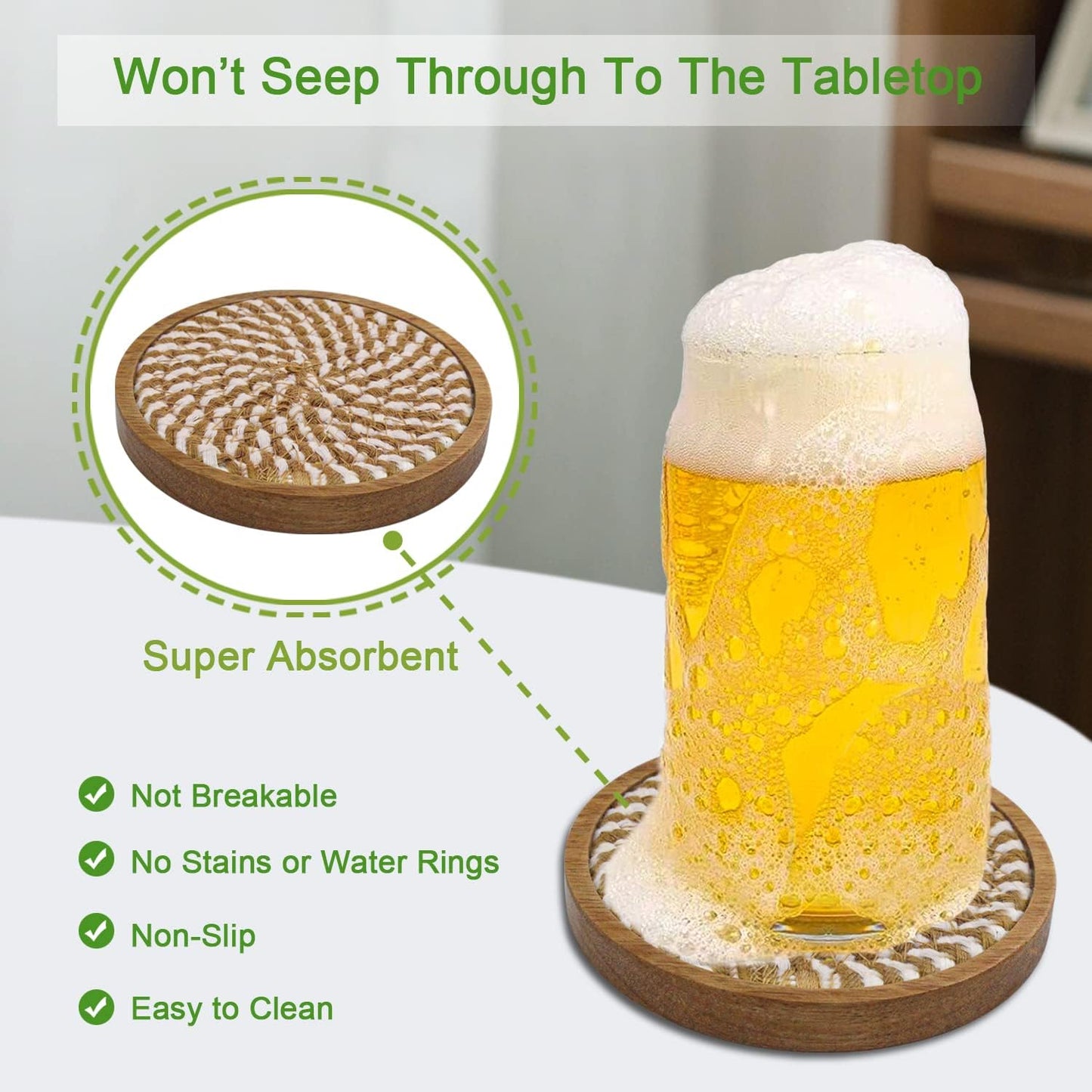 Eykao 5 Pack Coasters for Drinks Absorbent, 4.3 inches Woven Coasters for Coffee Tables, Wooden Drink Coasters for Table Protection, Reusable Drink Coasters for Kitchen, Farmhouse, Bar, Office, Brown