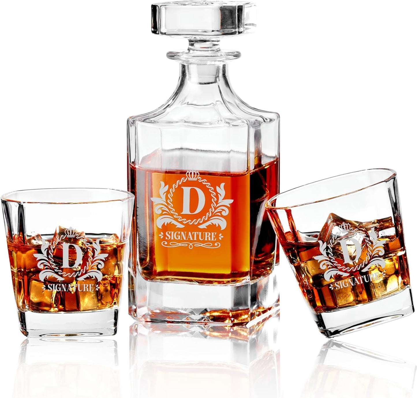 Personalized Whiskey Decanter Set with 2 Glasses, Laser Engraved Lead-Free Liquor Decanter Gift Set for Men, 750ml Glass Bottle Gift Box Bar Accessories for Dad Husband Boss Grandpa Brother, D