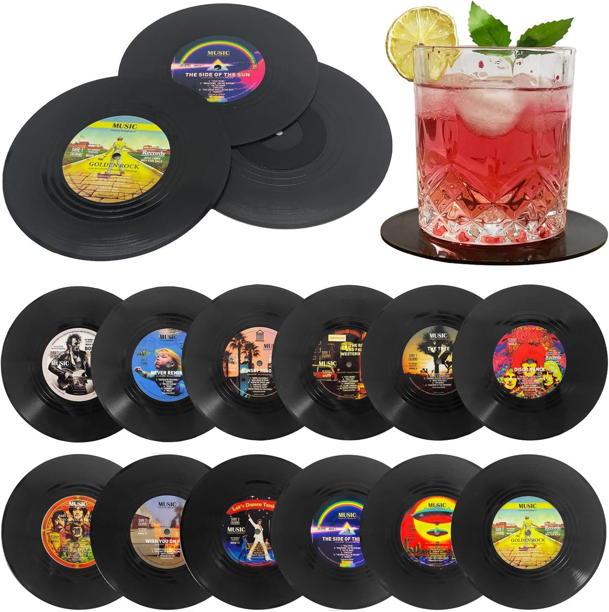 Funny Retro Vinyl Record Coasters, Creative Drink Coasters Set of 12 for Music Lovers, Housewarming Hostess Gifts, Birthday and White Elephant Gifts Ideas (V03) - V03b