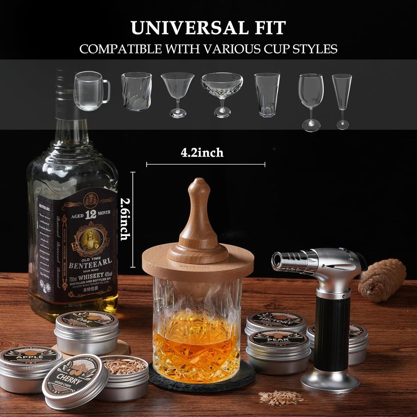 Whiskey Smoker Kit with Torch - 6 Flavors Wood Chips, 2 Glasses, Cocktail Smoker Infuser Kit, Old Fashioned Drink Smoker Kit, Birthday Valentine's Day Bourbon Whiskey Gifts for Men, Dad(No Butane)