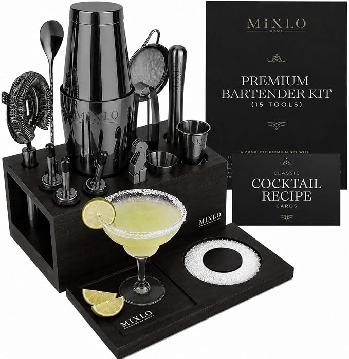 Mixology Bartender Kit -15Pcs Bar Set Cocktail Shaker Set w Black Bar Cart Accessories Stand - Shakers Bartending Silver Tools, 24oz Shaker, 17 Recipe Cards, Martini Barware - B0FWSX9V85