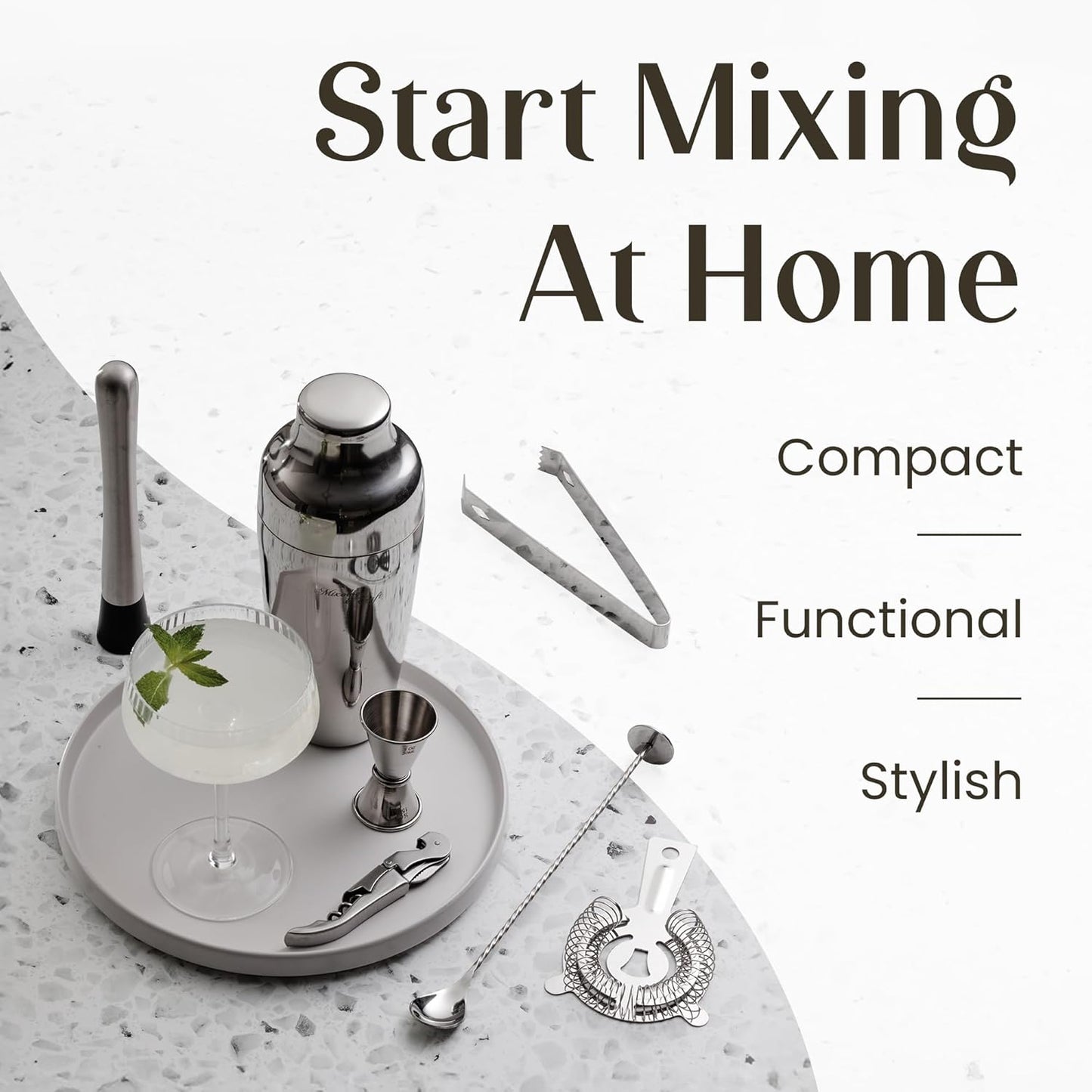 Mixology & Craft Bartender Kit – 15 Piece Cocktail Shaker Set with Bamboo Stand | Complete Cocktail Kit Gift Set | Top Bartender Gifts for Men & Women | Exclusive Recipe Cards (Silver)
