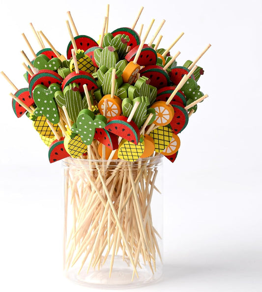 120 PCS Handmade Bamboo Cocktail Picks with Pineapple, Beach Cactus, and Palm Leaf Designs - Perfect for Appetizers, Drinks, Luau, Hawaii Beach, and Holiday Party Supplies