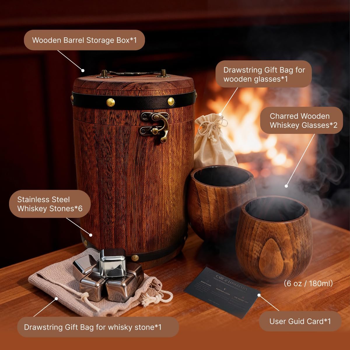 Charred Wooden Bourbon Drinking Glass - Handcrafted Wooden Whiskey Glass Set in Rustic Barrel Box with Stainless Steel Stones, Bourbon Gifts for Men Dad Husband, Gifts for Father's Day