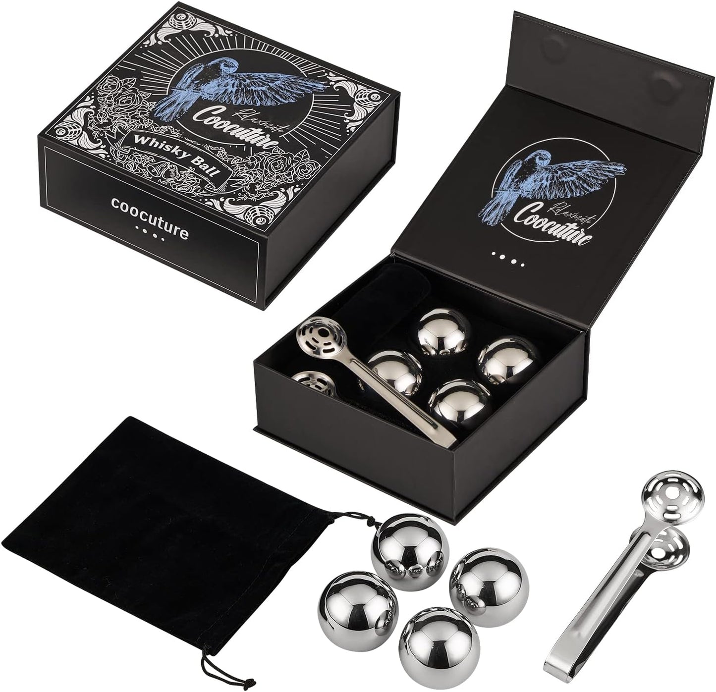 Whiskey Balls Set of 4 Reusable Stainless Steel Metal Ice Sphere Cubes Beverage Chilling Rocks Whiskey Stones Gifts for Men Him Husband from Wife