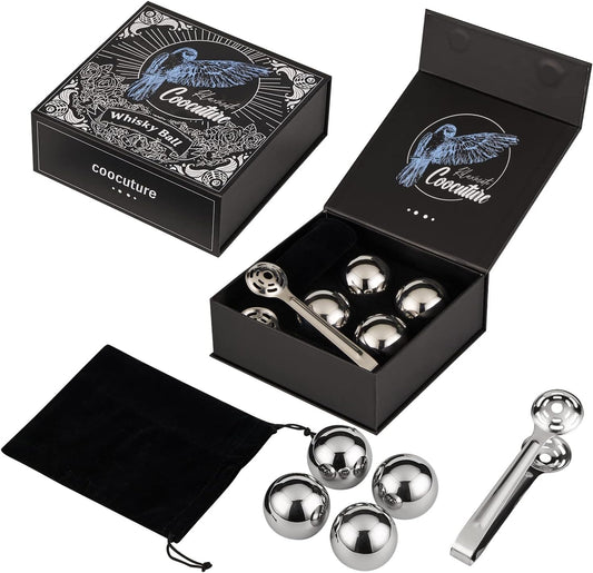 Whiskey Balls Set of 4 Reusable Stainless Steel Metal Ice Sphere Cubes Beverage Chilling Rocks Whiskey Stones Gifts for Men Him Husband from Wife
