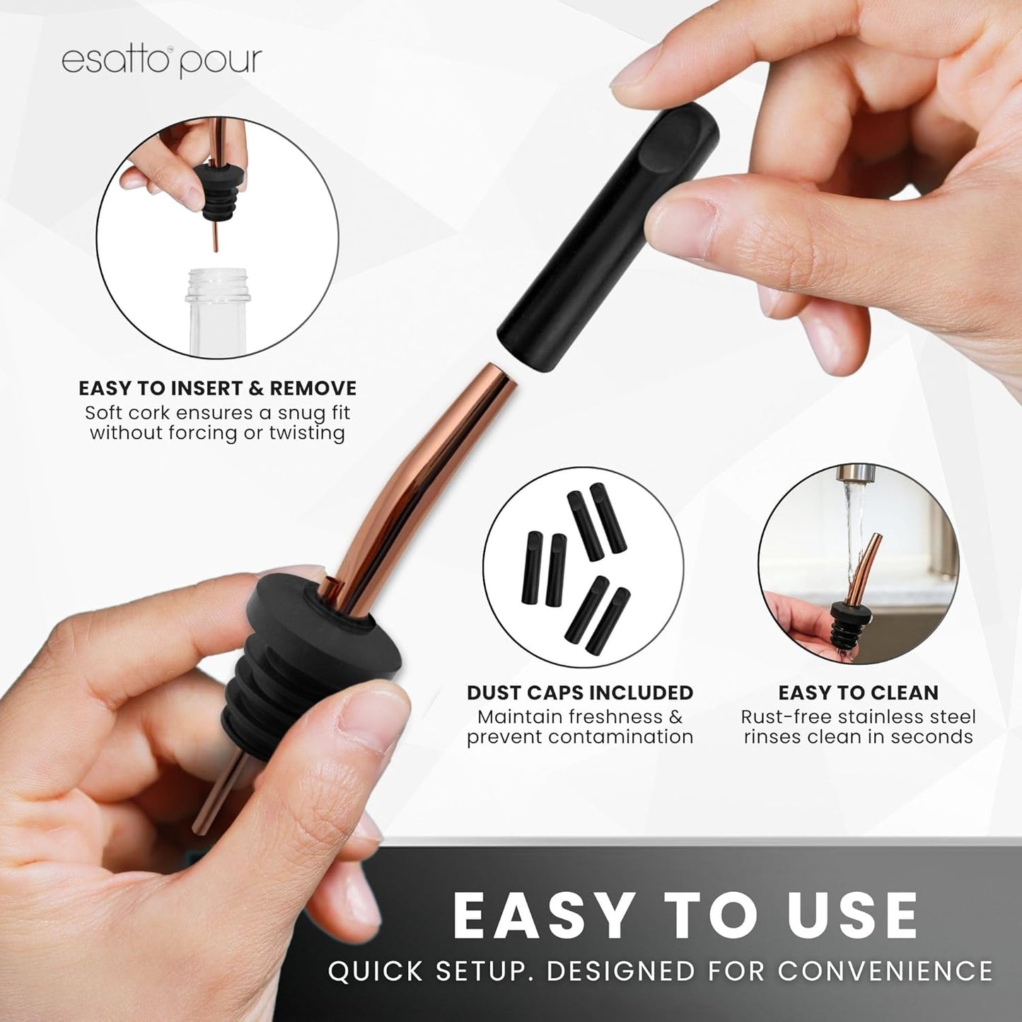 Stainless Steel Liquor Bar Bottle Pourers - Drip-Free Nozzle - Pour Spouts for Alcohol & Bartending - Universal Fit Speed Spout - Rust-Free & Easy Clean (Copper)