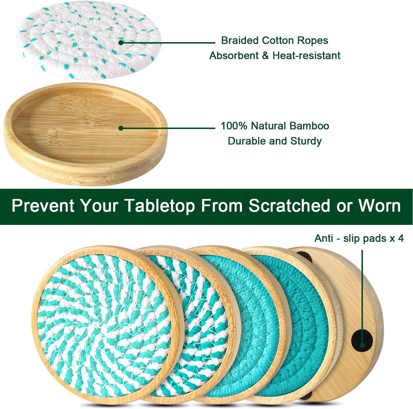 Eykao Bamboo Coasters for Drinks, Absorbent Coaster Sets of 5, Woven Drink Coasters for Coffee Table, Housewarming Gift for Farmhouse Home Decor,4 inches (Lake Blue Series)