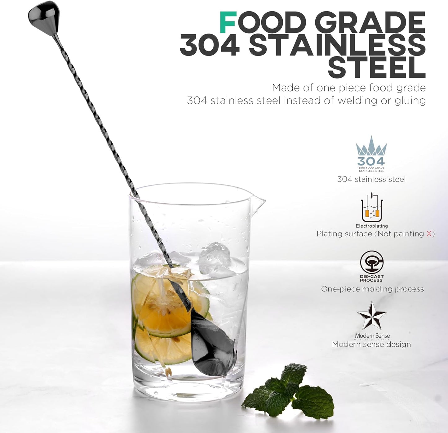 Homestia Bar Mixing Spoon, Muddler 12 Inch (30cm) Bar Spoon with Muddler Tip Cocktail Stirrer - Plated Stainless Steel Cocktail Mixing Spoons for Professionals Stirring (Black)
