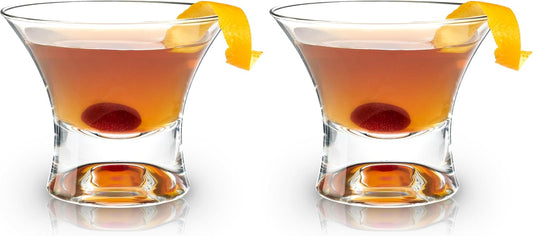Viski Heavy Base Stemless Manhattan Glasses Set of 2 - Premium Crystal Cocktail Glass, Stemless Martini Glasses, Cocktail Glass Gift Set, 7 oz