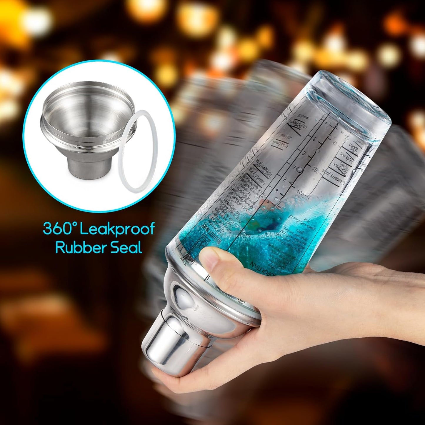 Ailelan Glass Cocktail Shaker with Strainer, 14oz Martini Shaker with 6 Recipes On Side, Clear Drink Shaker Bottle with Measurements, Bar Shakers Set Bartender Kit for Mixing Cocktail, Margarita