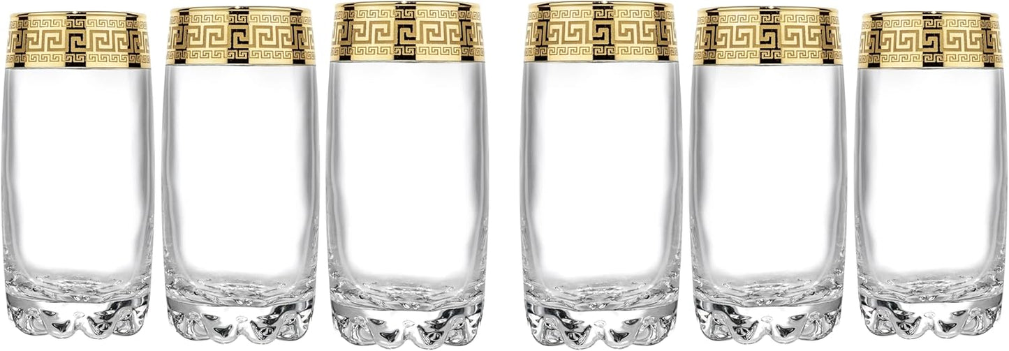 Joseph Sedgh Collection Greek Key Highball Glasses Set of 6-13 oz Tall Glasses. Ideal for Water, Mojitos, Mixed Drinks, Dishwasher Safe Premium European Grade Glassware
