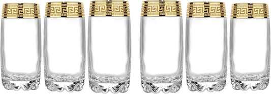 Joseph Sedgh Collection Greek Key Highball Glasses Set of 6-13 oz Tall Glasses. Ideal for Water, Mojitos, Mixed Drinks, Dishwasher Safe Premium European Grade Glassware