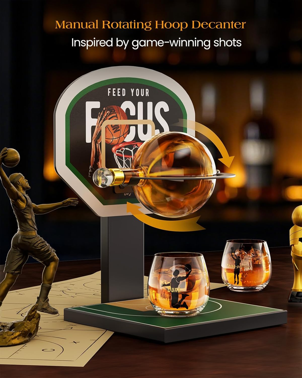 Kollea Basketball Whiskey Decanter Set with Green Court Stand & 2 Glasses, Cool Whiskey Gifts for Men, Dad, Boyfriend, Coach, Basketball Fans - Birthday, Game Day, Christmas, Retirement Gift idea