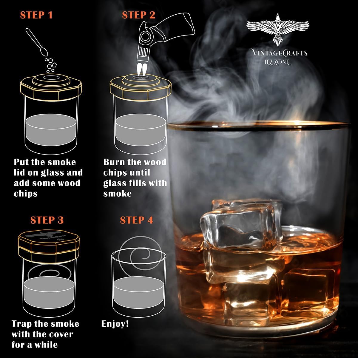 Whiskey Smoker Kit with Torch, Drinks| Cocktail Smoker Kit| Bourbon Smoker Kit with Torch,6 Flavor of Wood Chips,Old Fashioned Smoker Kit,Smoked Whisky Gift for Father's Day (No Butane Incl.)