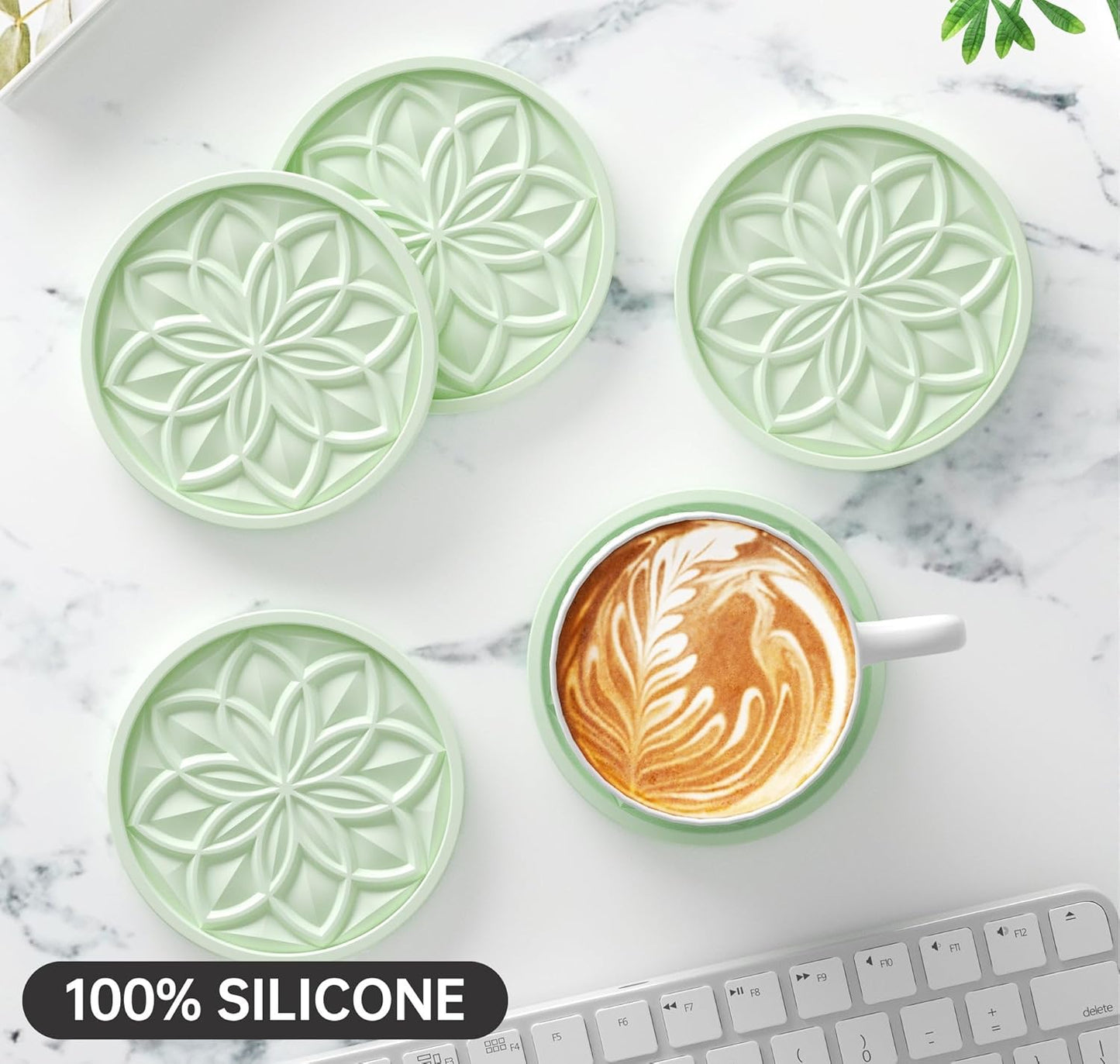 HFHOME Silicone Coasters Set for Drinks - 6 Pack With Holder, Table Cup Mat for Coffee Table, Desk, Bar - Tabletop Protection Gift - Nyanza Green