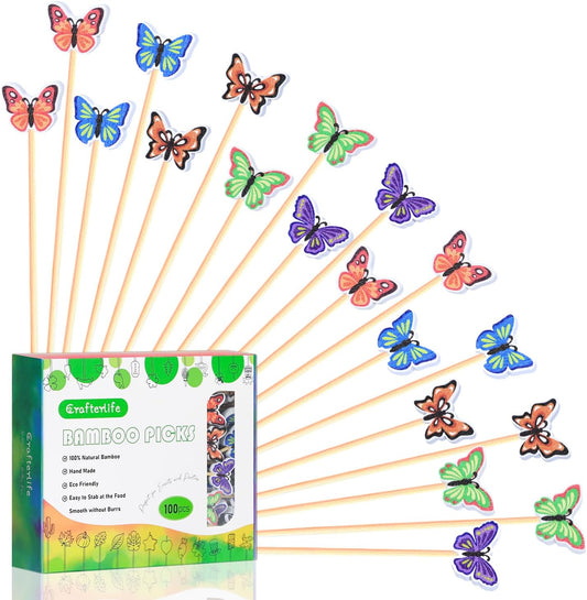 100Pcs Butterfly Cocktail Picks 5 Color Pattern Butterflies Theme Decor Toothpicks Sticks Skewers for Appetizer Charcuterie Food Sandwich, Girls Birthday Fairy Spring Decorations Themed Party Supplies