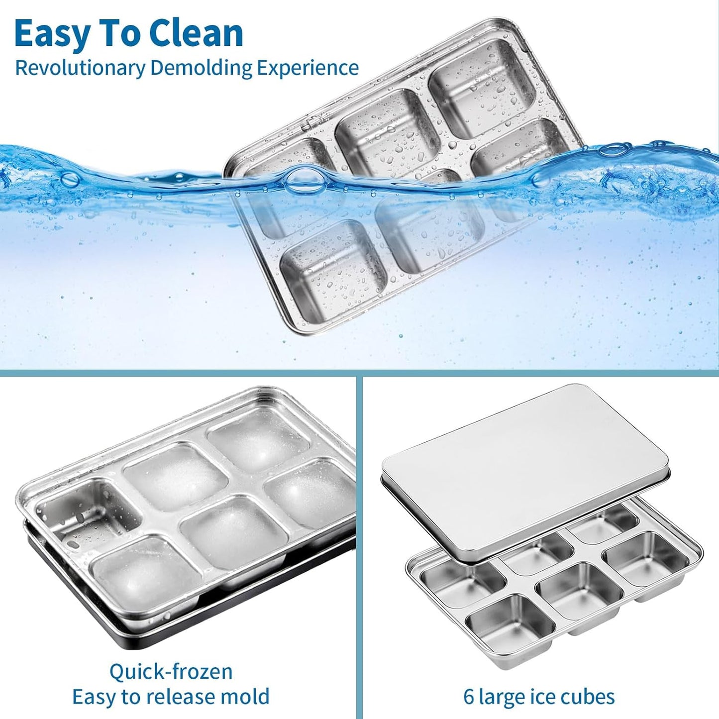 Stainless Steel Ice Cube Trays with Lid, Easy Release Durable Metal Ice Mold for Freezer, Ideal for Whiskey, Cocktails & Drinks (2 Pack)