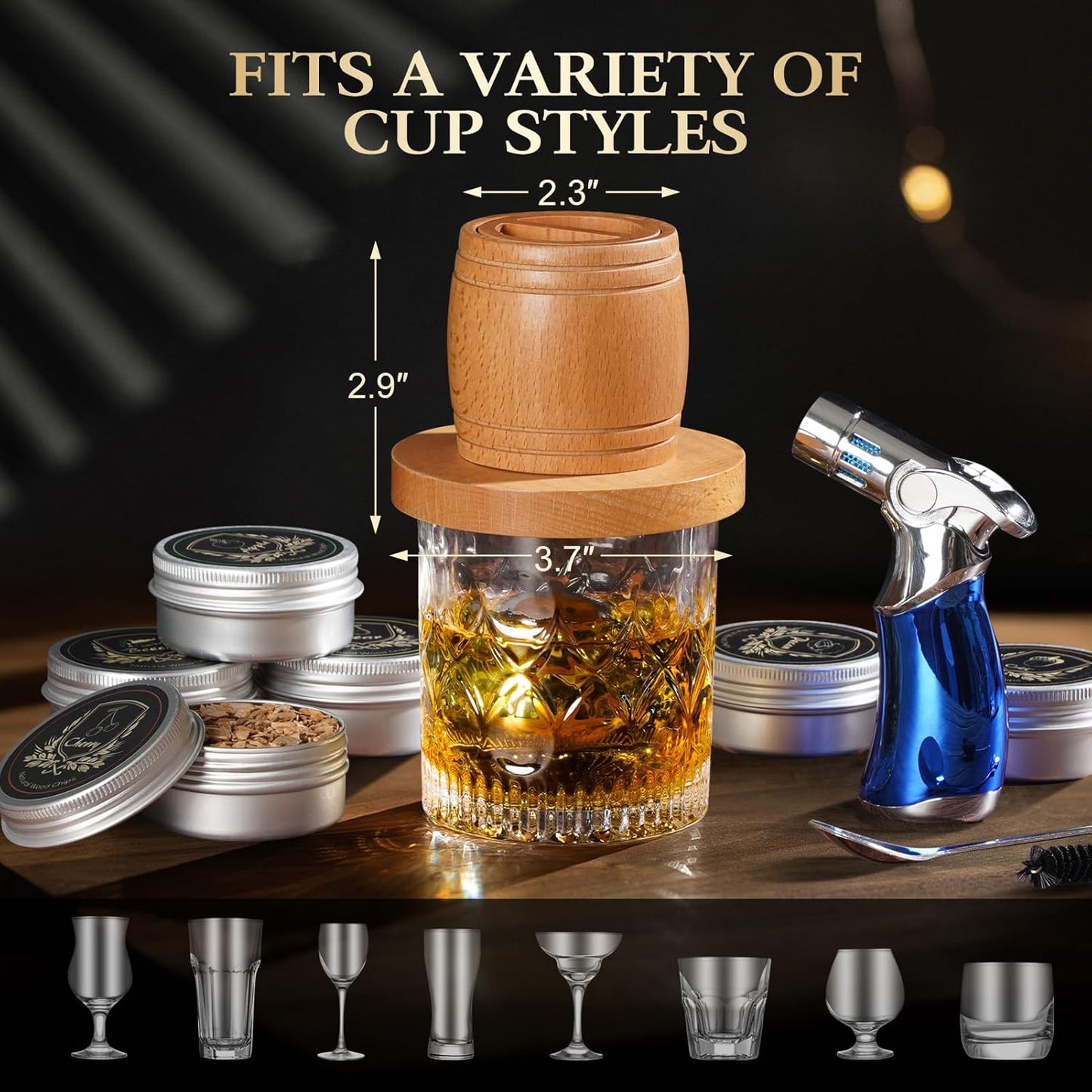 Whiskey Smoker Kit with Torch - Old Fashioned Cocktail Smoker Kit with 6 Flavors Wood Chips | 2 XL Stainless Steel Ice Balls & 2 Glasses, Christmas Bourbon Whiskey Gifts for Men, Dad(No Fuel Included)