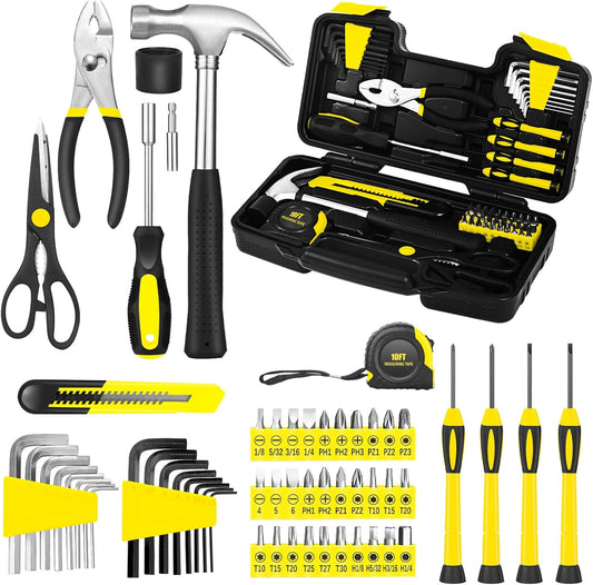 58-Piece Yellow Tool Kit | Basic Home Repair & General Household Hand Kit | Small Tool Set with Plastic Storage Toolbox for Home, Office, College & DIY Repairs