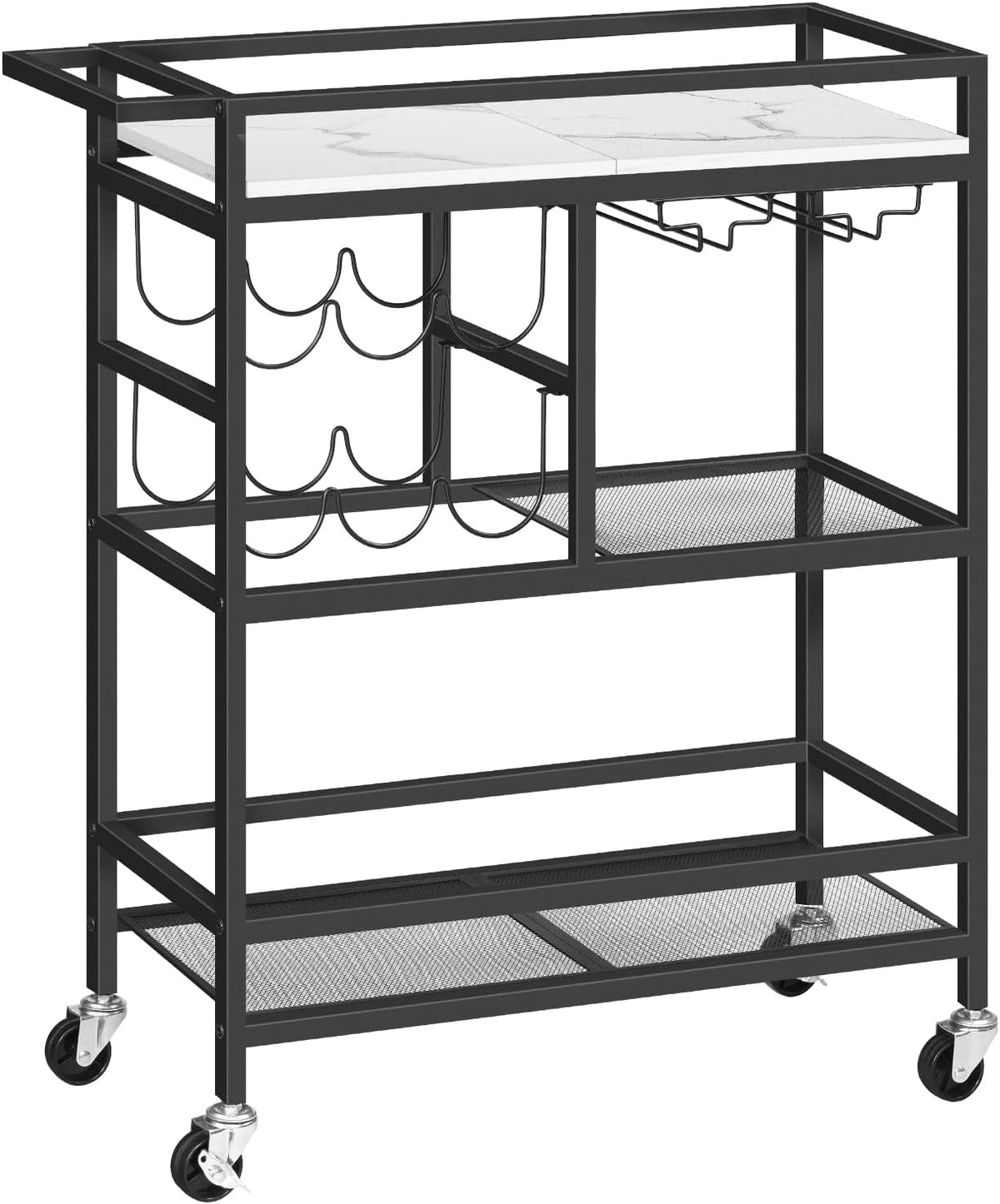 MAHANCRIS Bar Cart for Home, 3-Tier Serving Cart with Wheels and Handle, Beverage Cart with Wine Rack and Glass Holders, Rolling Wine Cart for Kitchen, Dining Room, Rustic Brown RCHR6101 - Marble and Black