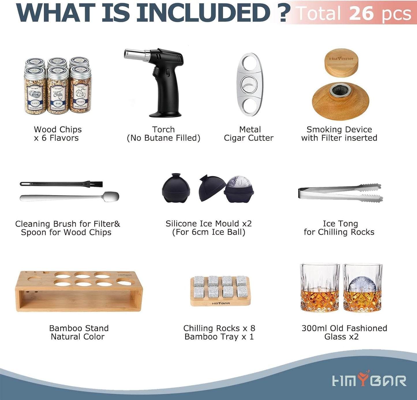 HMYBAR®26pcs Whiskey Smoker Kit with Torch | Cocktail Smoker Infuser Kit | Old Fashioned Drink Smoker Kit | Bourbon Whiskey Gift.Great Gift for Dad, Husband. Bamb Stand Natural Color. (No Butane)