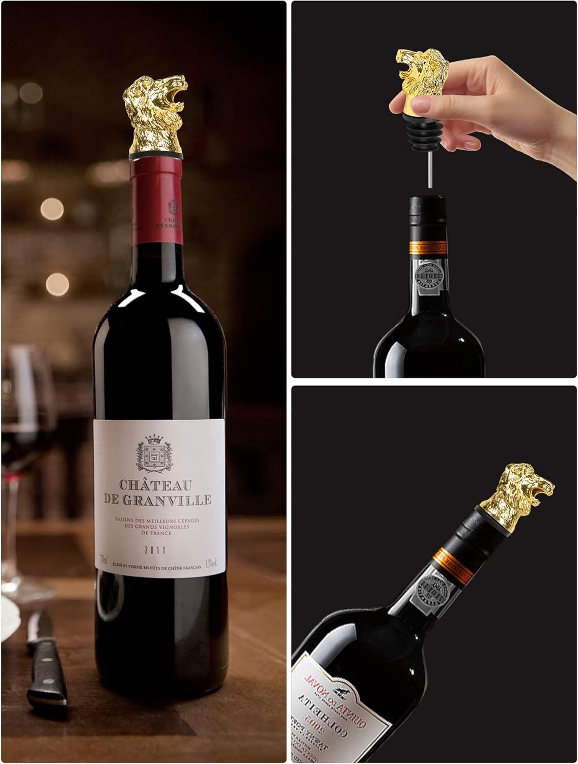 Lion Head Wine Aerator Pourer Spout, Olive Oil Liquor Bottle Decanter, Gold Plated Creative Gifts for Alcohol Spirits Whiskey