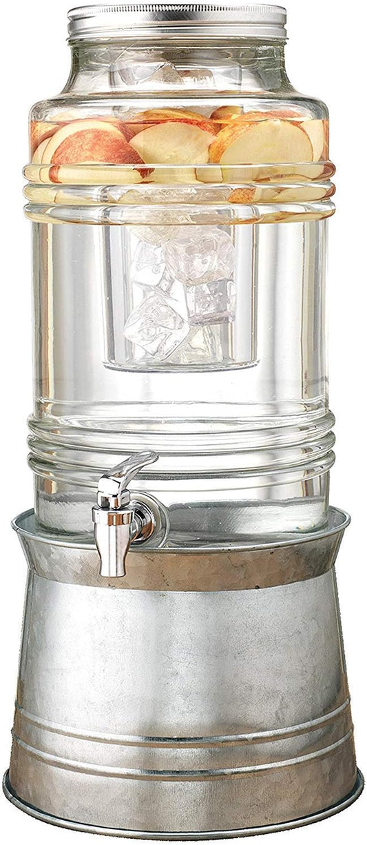 Circleware Breeze Glass Beverage Dispenser with Base Metal Stand Transforms to Ice Bucket, Lid, Fruit Infuser and Ice Insert, Entertainment Kitchen Drinking Glassware, Party, Huge 2.4 Gallons