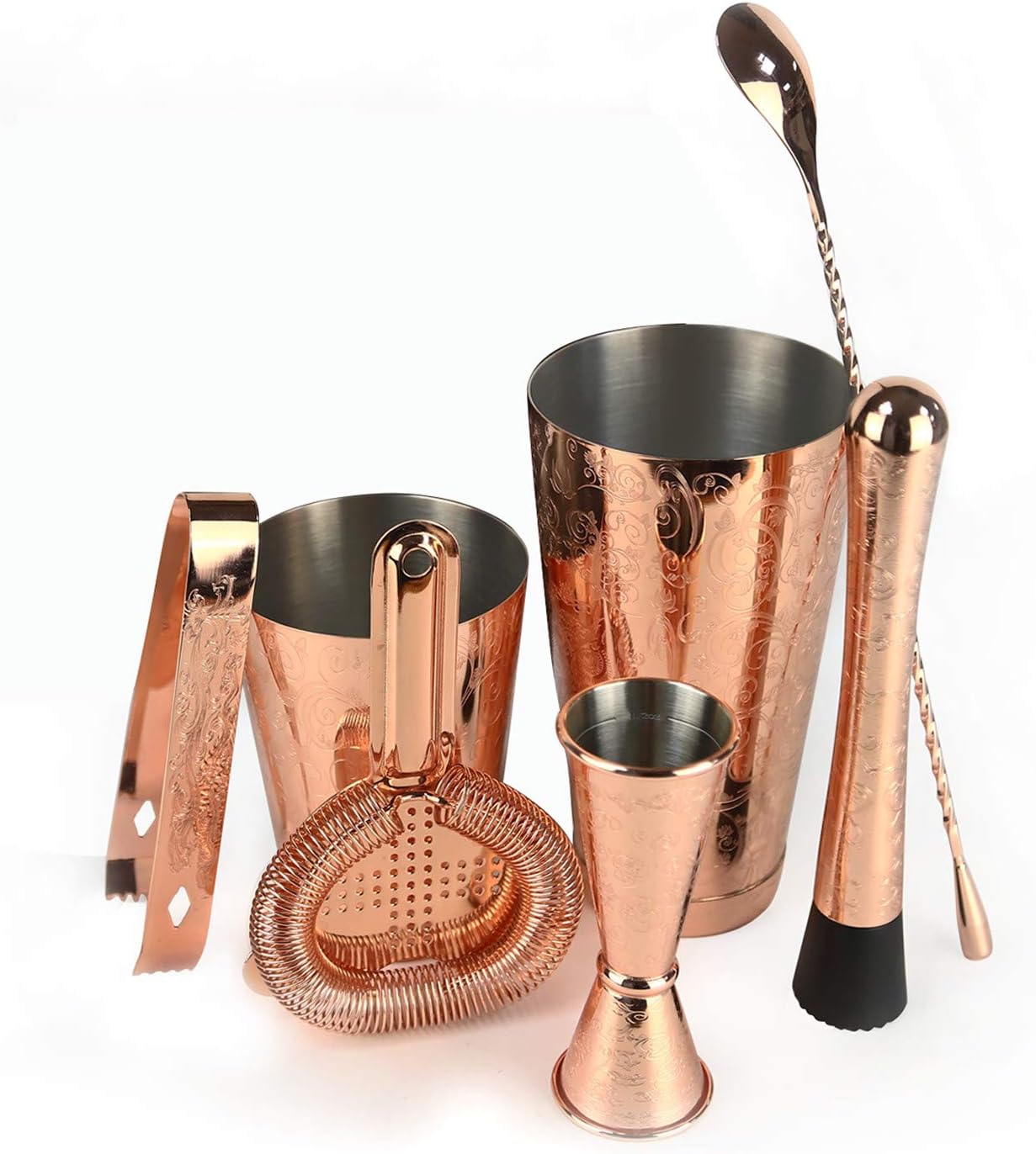 Sky Fish Bartender Kit Cocktail Shaker Set-6 Pieces Stainless Steel Copper Plated Etching Bar Tools with Boston Shaker Tins,Mixing Spoon,Mojito Muddler,Jigger,Hawthorne Strainer,Ice Tongs
