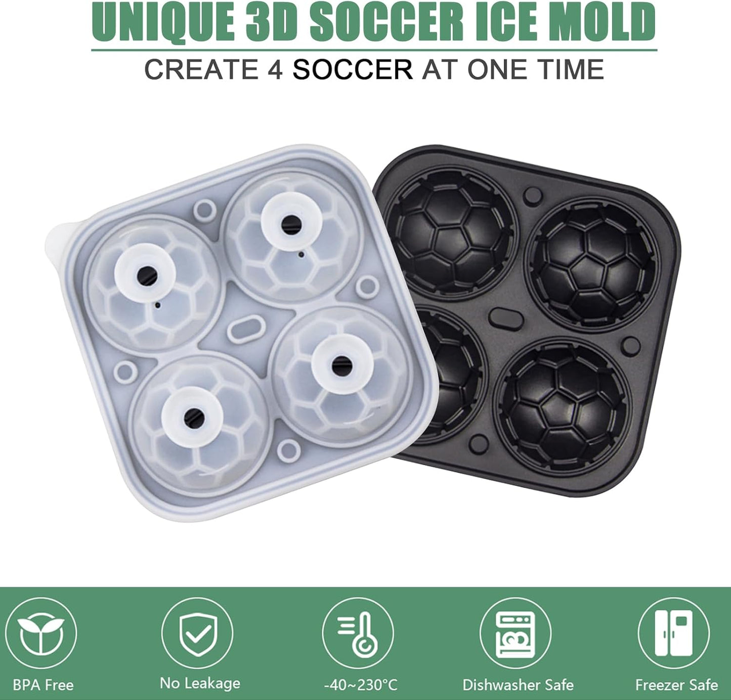 Soccer Ice Cube Tray 3D, Admaison Ice Ball Cube Mold with Funnel for Cocktails, Bourbon,Brandy, Whiskey Gifts for Men, Silicone Fun Shapes Black (Soccer Ball)
