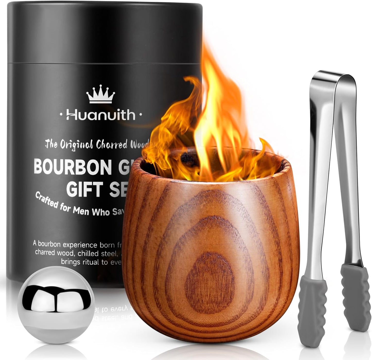 Whiskey Glasses Charred Wooden Bourbon Glass, 10oz Handmade with Stones & Tongs – Unique Bourbon Gifts for Men Dad Husband, Ideal for Christmas Birthday Father's Day