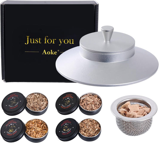 Cocktail Smoker Kit AOKE Metallic Whiskey Smoker Kit with 4 Flavors Wood Chips for Whiskey and Bourbon Old Fashioned Smoker Kit for Enhancing Drink Flavors Whiskey Gifts for Men Father's Day - Silver