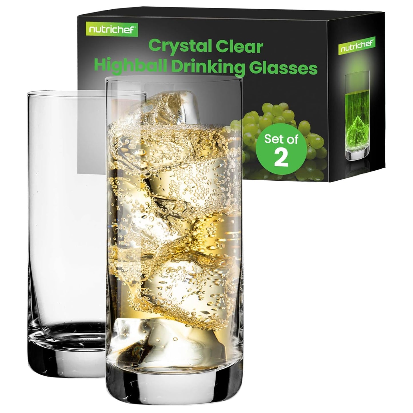 Nutrichef 14.2 oz Highball Drinking Glasses Premium Crystal, Durable & Dishwasher Safe, Elegant Design for Water, Cocktails & Liquor - Set of 2