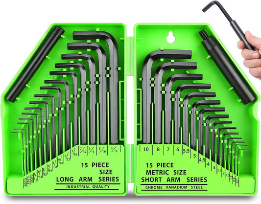 SWANLAKE GARDEN TOOLS 32-Piece Hex Key Allen Wrench Set, SAE and Metric Allen Keys MM(0.7mm-10mm) SAE(0.028"-3/8), L Shape, Chrome Vanadium Steel, Easy Organization