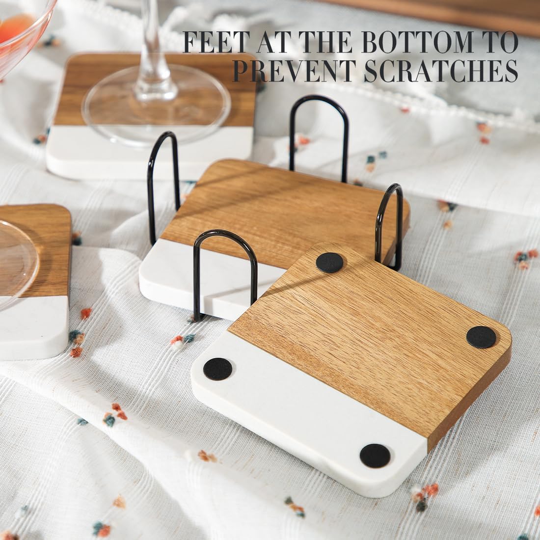Acacia Wood Marble Coasters for Drinks with Holder Set of 4, Square Non-Slip Wooden Stone Coaster Coffee Table Accessories Manly Coaster for Men Coffee Table, Bar, Office - Rustic Modern Style