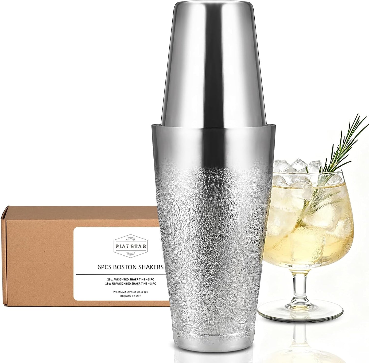 Bulk Cocktail Shakers Bartending - 6pc Boston Bar Shaker Tins Stainless Steel, Commercial 18oz 28oz Metal Shaking Tin Set, Professional Bartender Kit for Drinks, Bar Supplies - Silver