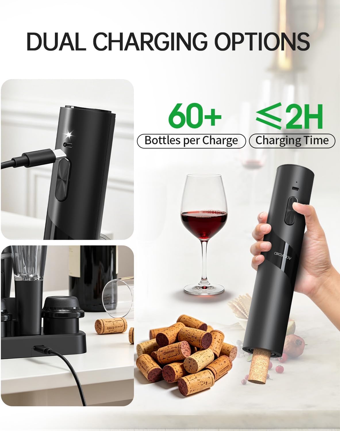 CIRCLE JOY Rechargeable Wine Opener Electric Wine Bottle Opener 7-in-1 Wine Gift Set with Electric Vacuum Pump, Charging Station, Foil Cutter, Wine Aerator Pourer and 2 Wine Stoppers