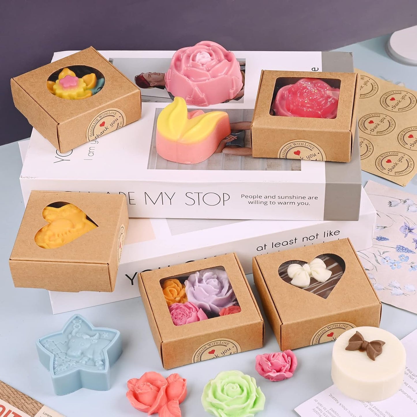 Moukiween 30 PCS Brown Soap Boxes for Homemade Soap, 2.95 X 2.95X 1.18 Inch Packaging Gift Boxes with Window, Small Square Soap Wrapping Boxes (Brown)