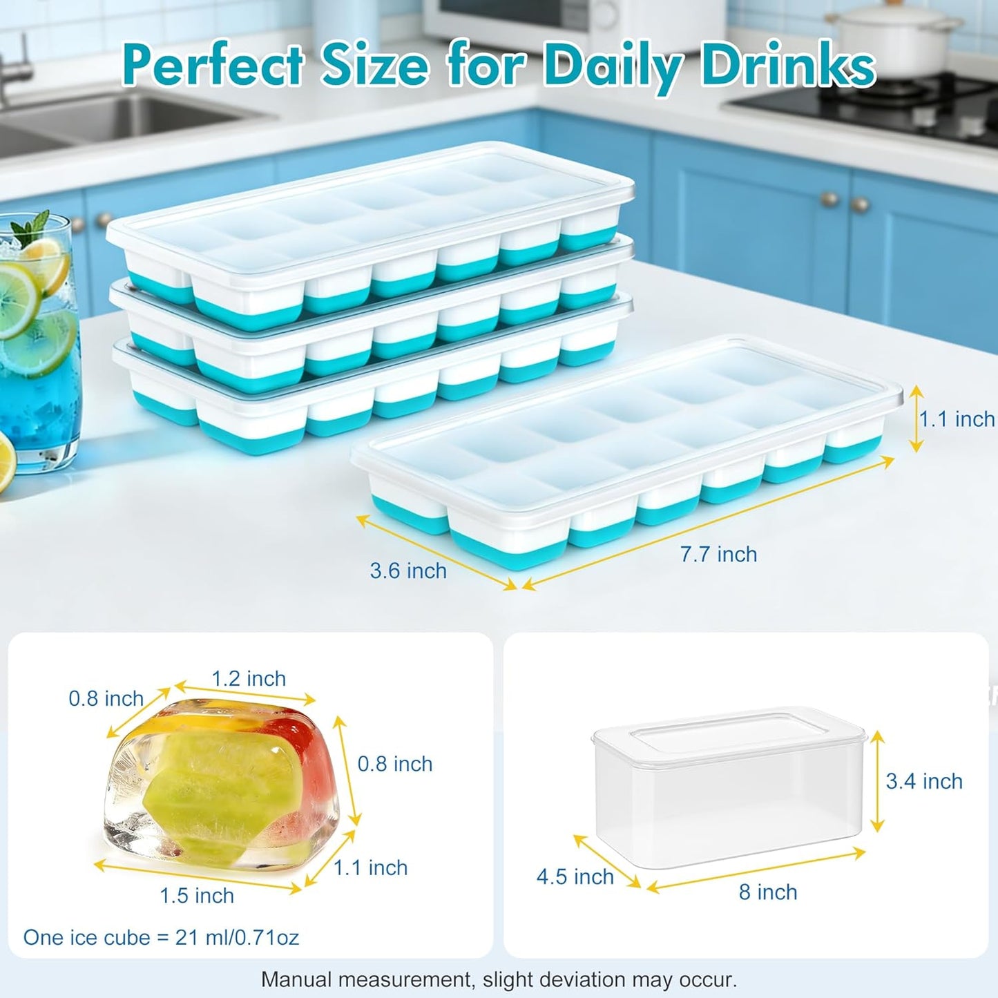 NFK Ice Cube Tray with Lid & Bin - 4 Pack 48 Cubes Stackable Silicone Trays for Freezer with Storage Container, Leak-Proof Lids, BPA-Free, Easy Release for Kitchen, RV, Party, Cocktail & Coffee