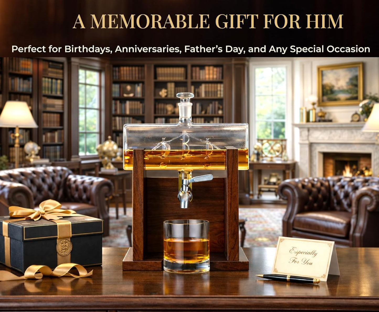 Jillmo Ship Whiskey Decanter Set for Men, 1250ml Liquor Decanter Gift with Ship Inside, 2 Whiskey Glasses & Wooden Stand, Bourbon Scotch Decanter Gift for Dad Husband Home Bar