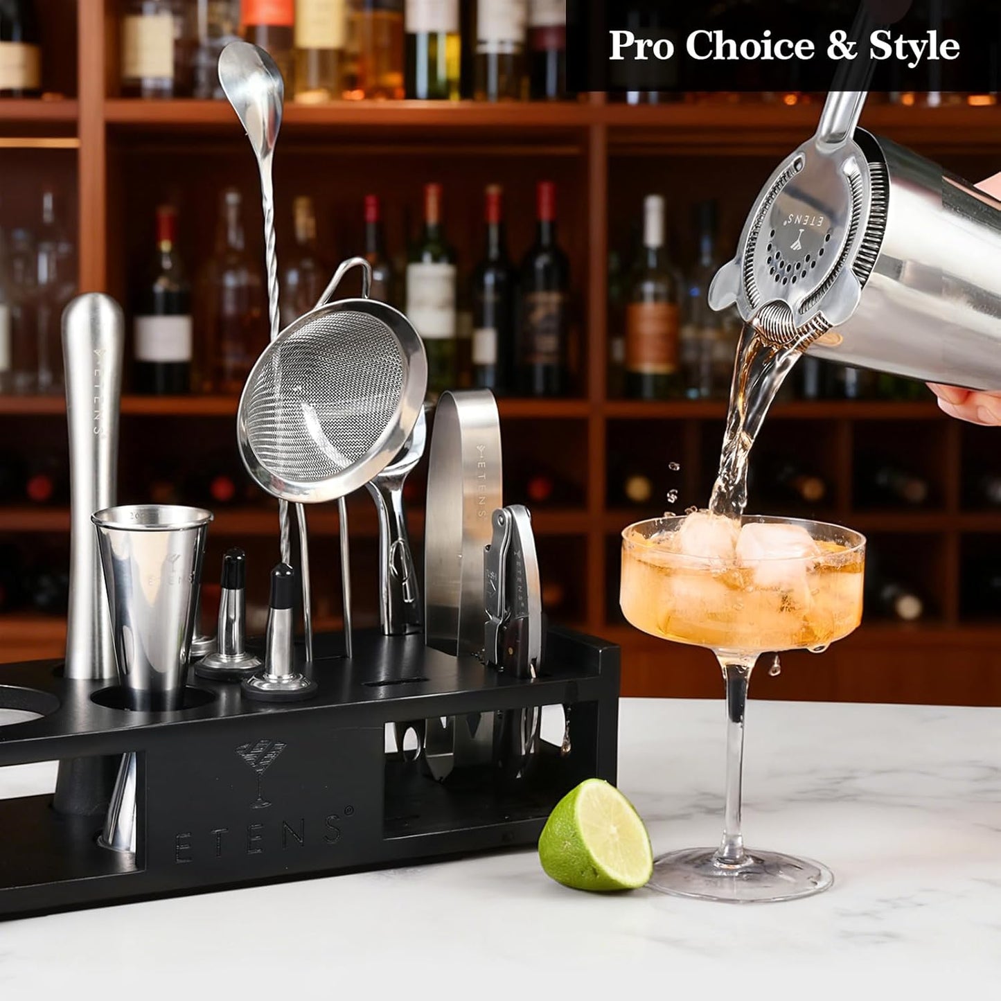 ETENS Cocktail Shaker Set Drink Mixer Bar Accessories – 15Pcs Mixology Bartender Kit Includes Boston Shaker, Japanese Jigger, Strainer, Bottle Opener, Cocktail Mixing Spoon – Handcrafted Wood Stand